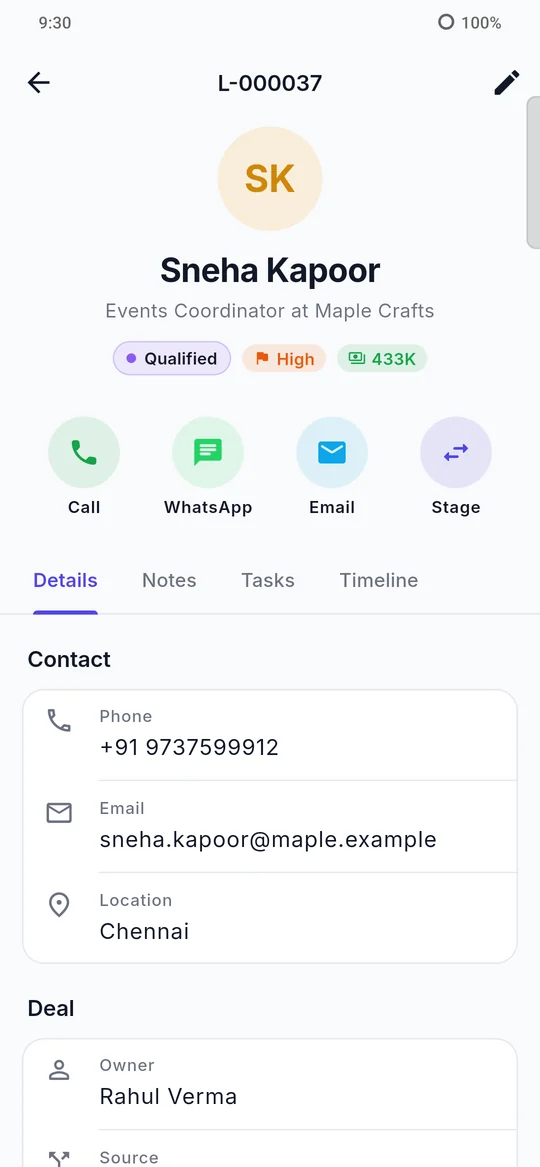 A lead's page in the app with Call, WhatsApp, Email and Stage buttons