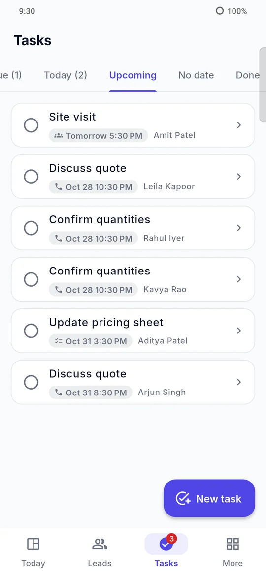 The Tasks screen listing upcoming calls and meetings